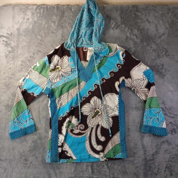 Forbidden Women M Artsy Multicolored Light Hoodie Shirt Sheer Beaded Long Sleeve - Picture 1 of 7